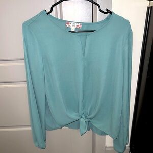 ❌SOLD❌  Pink Rose Teal Tie Front Blouse / Shirt Long Sleeve Size Medium